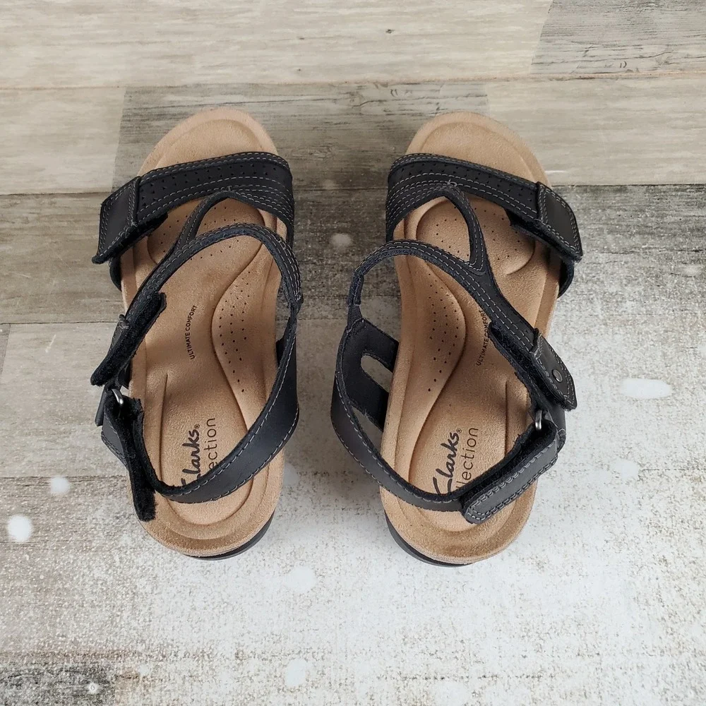 Clarks Calenne Carmen Womens Wedge Sandal Sz 8 Black Leather Adjustable Straps